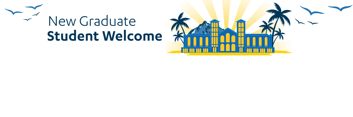 Banner graphic for UCLA New Graduate Student Welcome. Illustration of Royce Hall with yellow sun rays, palm trees, and birds in the sky.